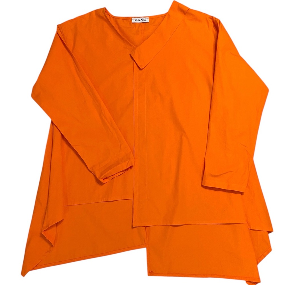 STELLA MILANI 100 % Cotton Orange Asymmetric V-Neck Blouse. SZ XL